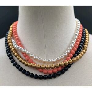 Vintage Black Gold Pink White 4 Stand Faux Pearl Statement Necklace Costume